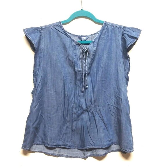 Time Tru chambray blouse top ruffled cap sleeve peasant cottagecore front ties - Picture 1 of 8